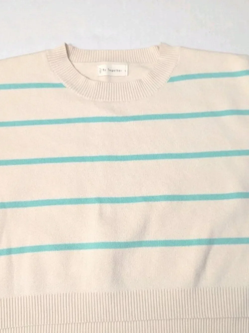 By Together Cream Teal Striped Knit Cropped Sweater Drop Shoulder Size S NWOT